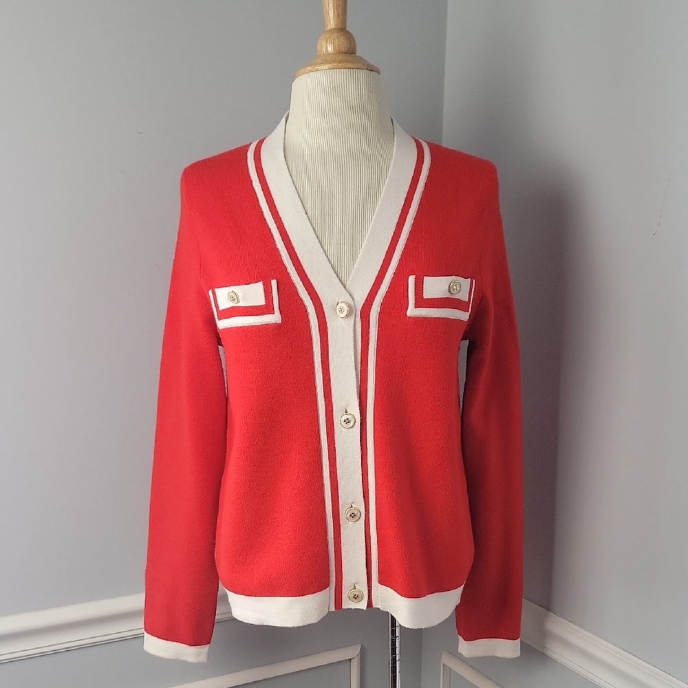 ADRIENNE VITTADINI Red Orange Cream Trim V-Neck Stretch Academia Work Cardigan M